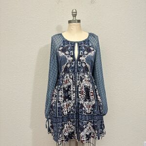 FREE PEOPLE Printed Oksana Mini Dress Sheer Puff-Sleeve in Marine Blue